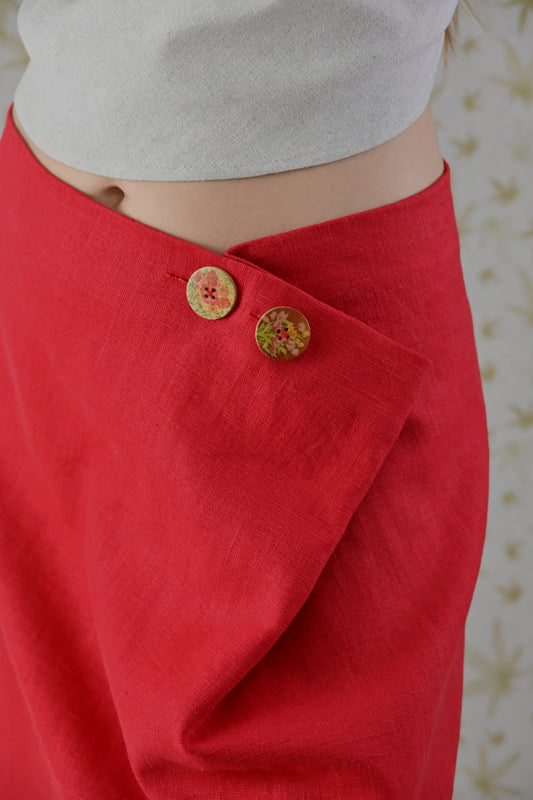 Red Linen Midi Skirt