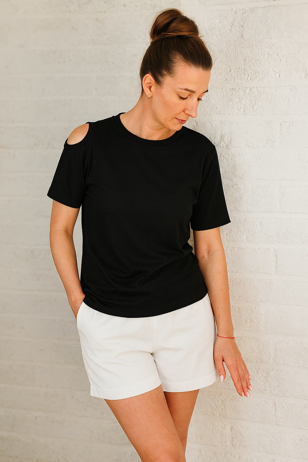 Linnen gebreide top – crème, asymmetrisch