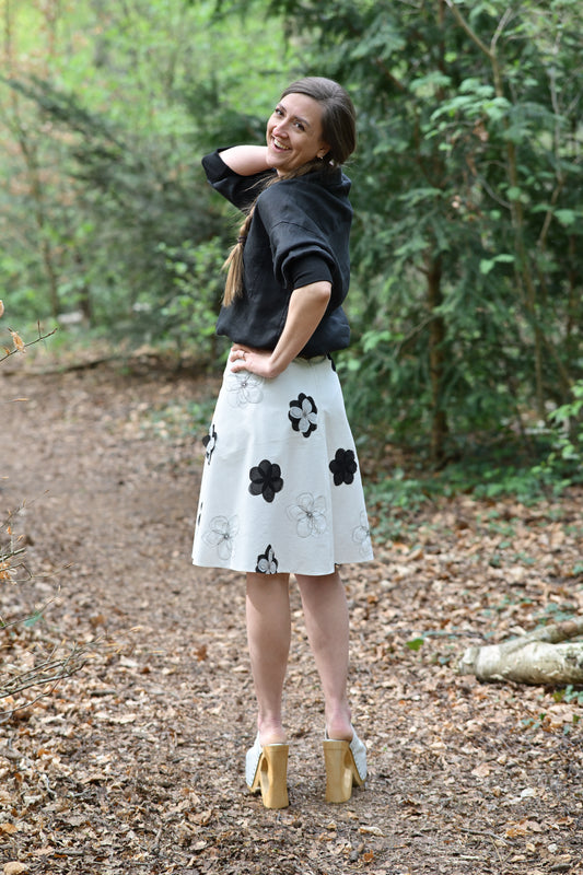 White Cotton Skirt with Floral Appliqués